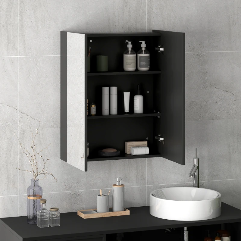 HOMCOM Armario Colgante de Baño 2 Puertas con Espejo y 2 Estantes Internos en MDF 60x15x75 cm Negro