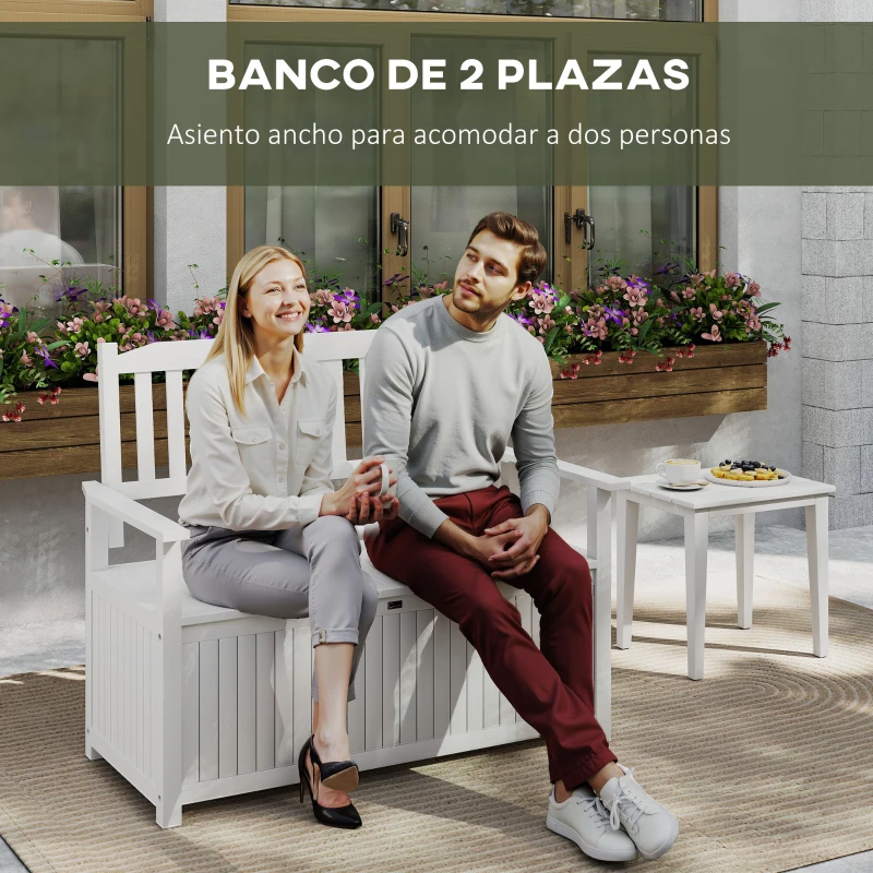 Outsunny Banco de Madera Maciza Exterior de 2 Plazas con Espacio de Almacenamiento y Tela Oxford Banco Arcón de Jardín Terraza con Reposabrazos Carga 250 kg 125x68,5x97 cm Blanco
