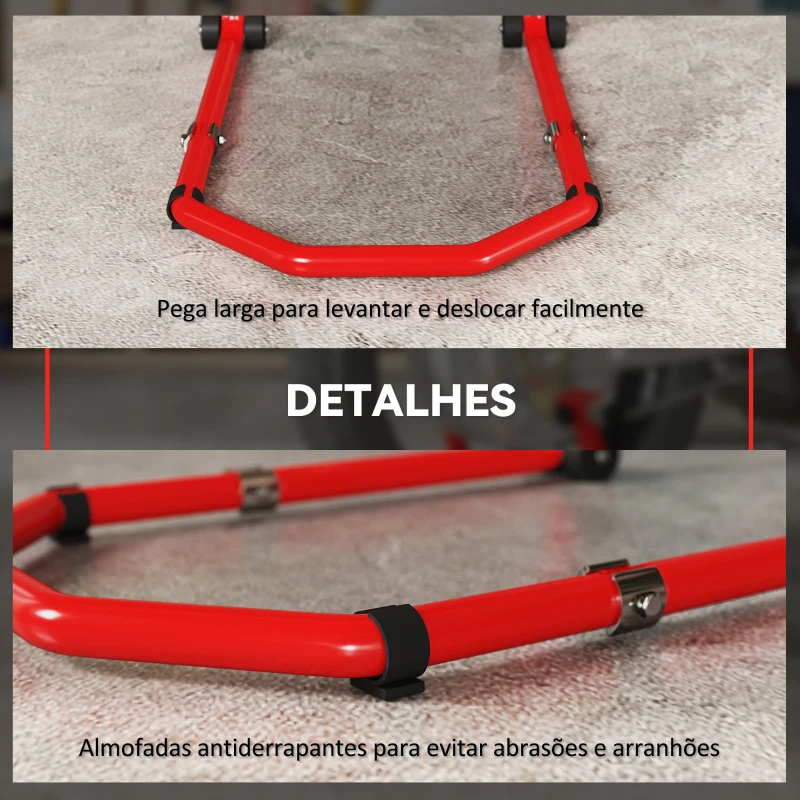 HOMCOM Suporte Roda Dianteira e Traseira para Mota Carga 390 kg Cavalete Moto Elevador Universal com Adaptadores de Garfos em U e L Ajustáveis e Rodas Vermelho