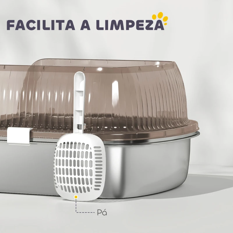 PawHut Caixa de Areia para Gatos Fechada com Bandeja em Aço Inoxidável Bordas Altas Pá e Degrau para Gatos Grandes 53x42x27 cm Cinzento