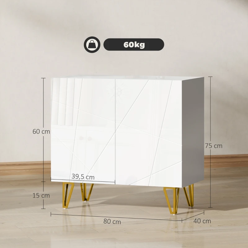 HOMCOM Aparador para Sala Aparador de Entrada com 2 Portas e Prateleiras Ajustáveis para Cozinha Sala 80x40x75 Branco Brilhante