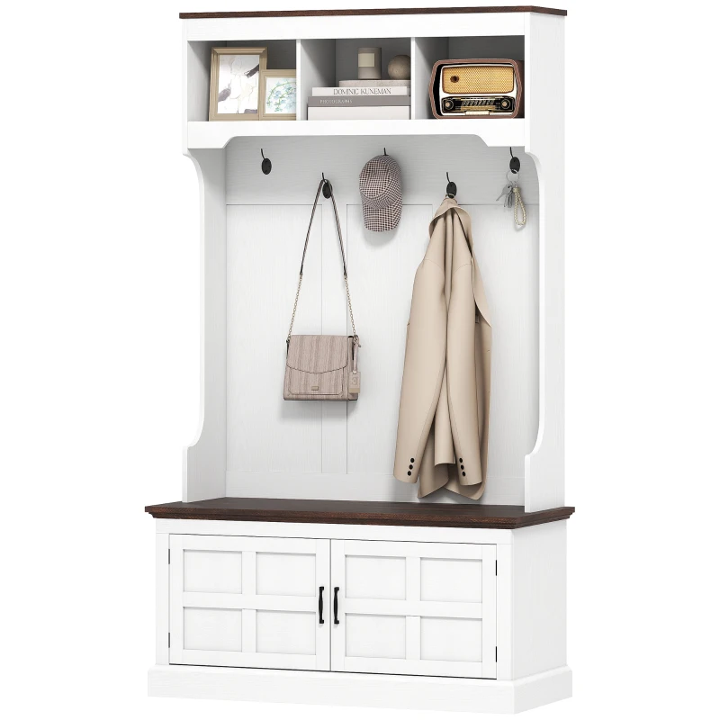 HOMCOM Móvel Cabide de Entrada com Banco Sapateira 5 Ganchos 3 Prateleiras Armário e Compartimentos Estilo Rústico 105x40x180 cm Branco