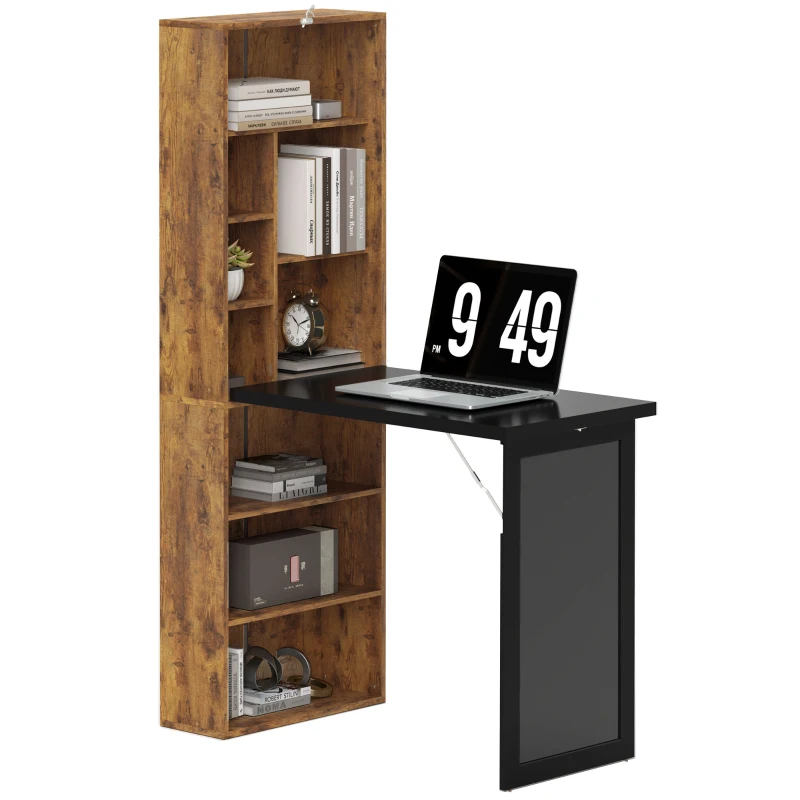 HOMCOM Scrivania per computer pieghevole con libreria, piano di lavoro, lavagna e ripiano regolabile, 98x51x153cm, marrone