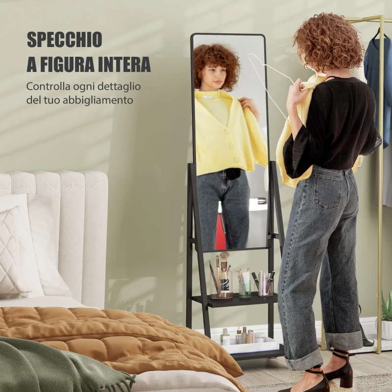 HOMCOM Specchio Verticale da Terra con 2 Ripiani e 4 Rotelle, in Acciaio e Legno, 42x37x155 cm, Nero