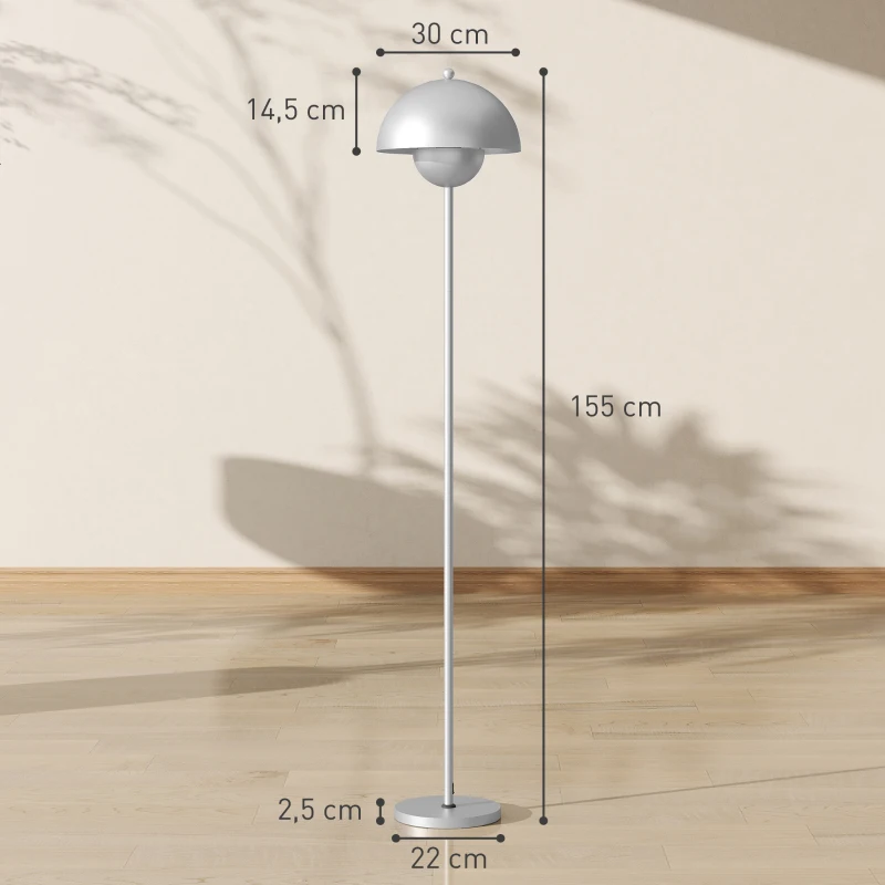 HOMCOM Candeeiro de Pé Moderno com Ecrã em Forma de Taça Refletora de Luz Interruptor de Pé Suporte E27 sem Lâmpada Ø35x155 cm Prata