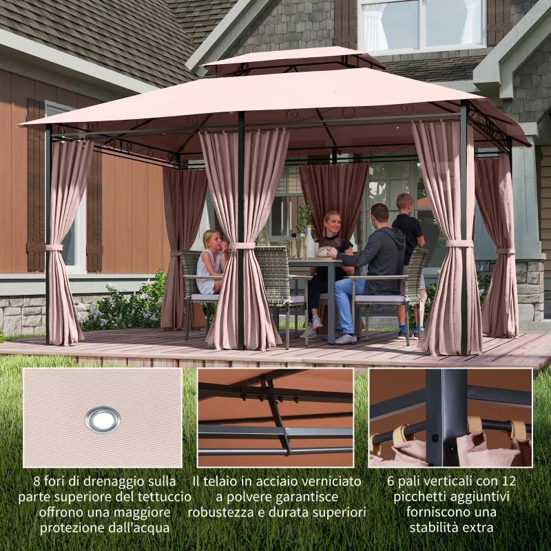 Outsunny Gazebo de Exterior 3x4 m con Paredes Laterales Doble Techo 6 Puertas con Cremallera y 8 Orificios de Drenaje Caqui