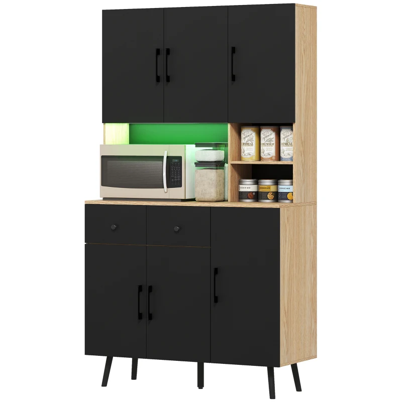 HOMCOM Armário de Cozinha Alto com Luzes LED RGB com 6 Portas 2 Gavetas Bancada 100x40x176 cm Preto e Madeira