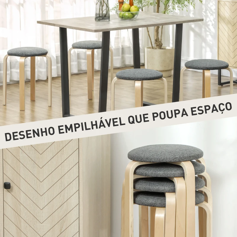 HOMCOM Conjunto de 4 Bancos Empilháveis Redondos Bancos Baixos de Cozinha com Assento Acolchoado Ø40x45 cm Cinzento e Madeira