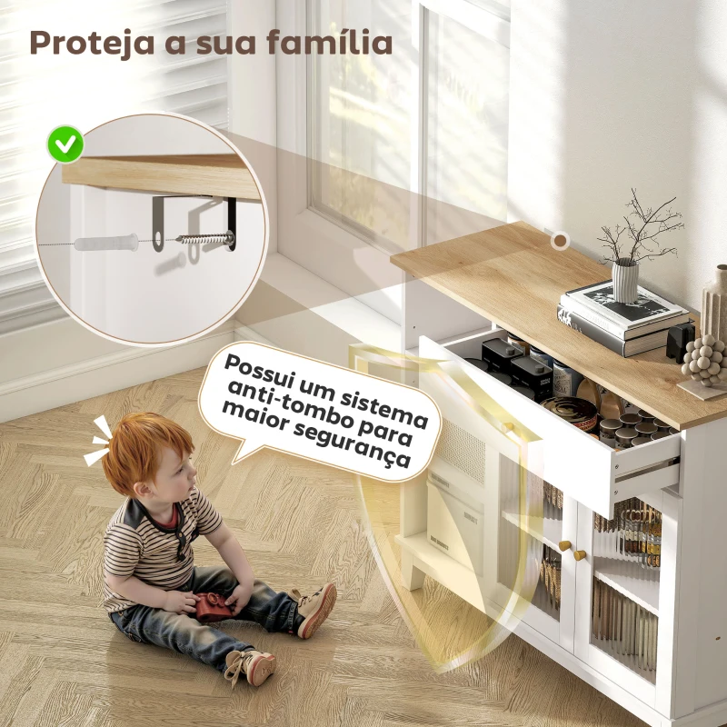 HOMCOM Aparador 2 Portas de Vidro Aparador para Sala Moderno com Gaveta Compartimentos Abertos 100x35x80,3 cm Branco