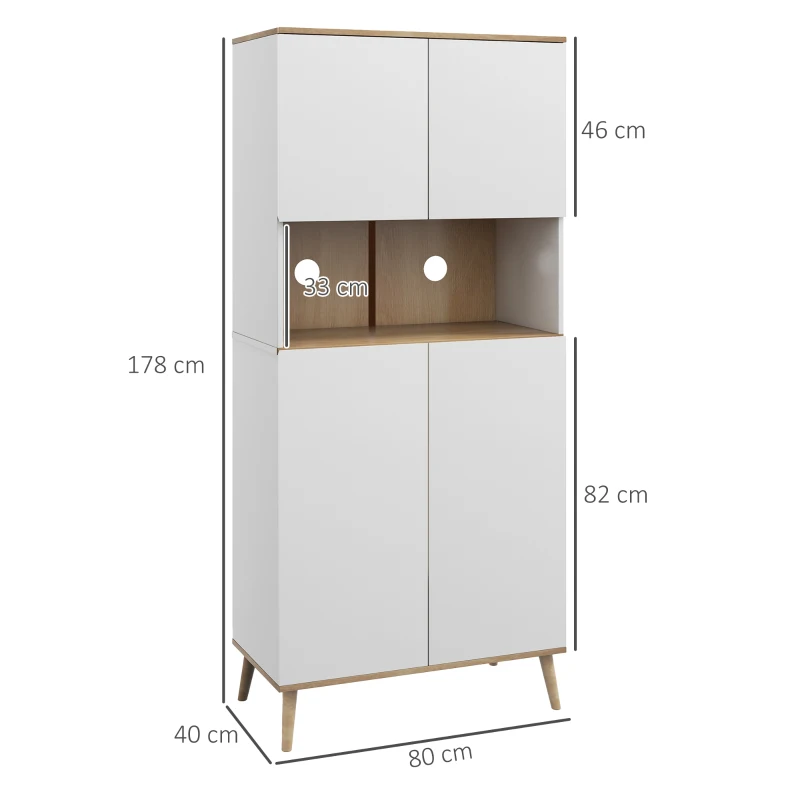 HOMCOM Armário de Cozinha com 4 Portas Bancada para Micro-Ondas Prateleiras Ajustáveis Orifício para Cabos 80x40x178 cm Branco
