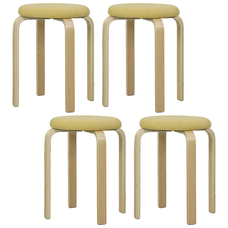 HOMCOM Conjunto de 4 Bancos Empilháveis Redondos Bancos Baixos de Cozinha com Assento Acolchoado Ø40x45 cm Amarelo e Madeira