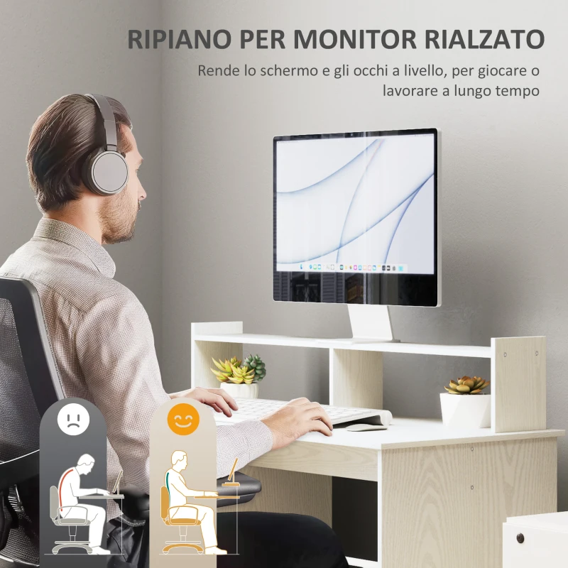 HOMCOM Scrivania Moderna con Supporto per Monitor, Armadietto e Ripiani, 108x50x94 cm, Crema