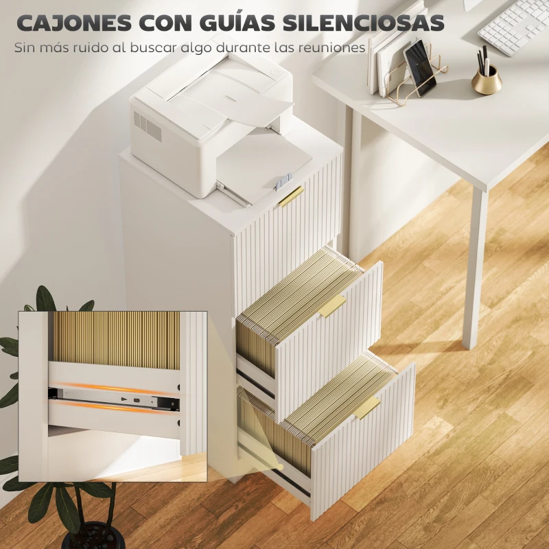 HOMCOM Cajonera de Escritorio con 3 Cajones Frentes Acanalados Mueble Archivador para Tamaño A4 o Carta 40x40x101 cm Blanco
