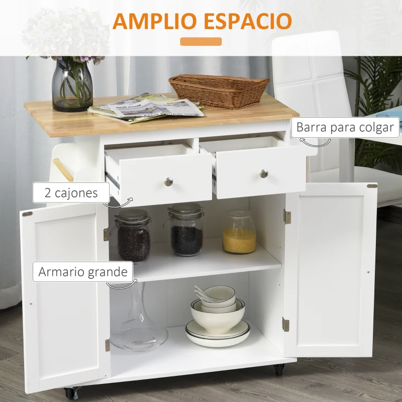 HOMCOM Carro de Cocina Auxiliar con Ruedas Carrito de Servicio con 2 Cajones Armario de Almacenaje Estante Interior Ajustable 3 Especieros y Barra para Colgar 89x45x89,5 cm Blanco