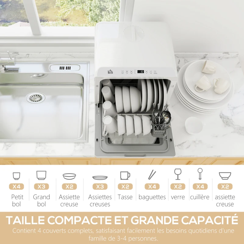 HOMCOM Mini lave-vaisselle 4 couverts 5 programmes réservoir d'eau 6L commande tactile affichage LED 45 x 44 x 45,8 cm blanc