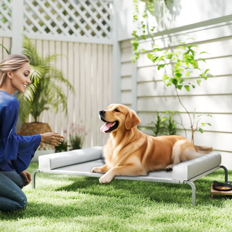 PawHut Cama Elevada para Cães com Latertais Amovíveis Cama Elevada para Cães Grandes Portátil com Malha Respirável 130x90x30 cm Cinza Claro
