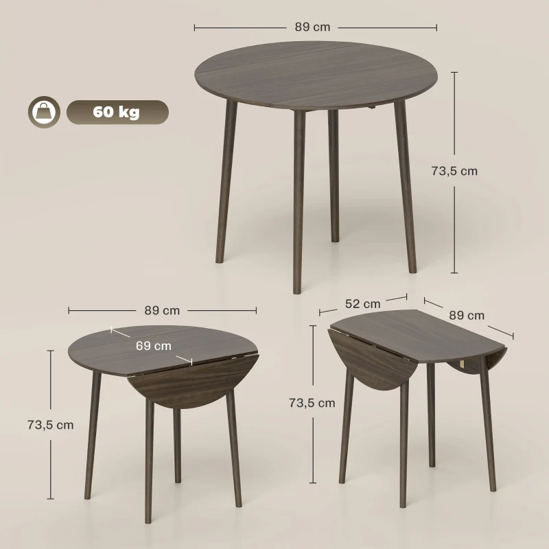 HOMCOM Table de salle à manger pliante 2 abattants, table ronde extensible pour 4 personnes, pieds en bois Ø 89 x 73,5 cm, gris