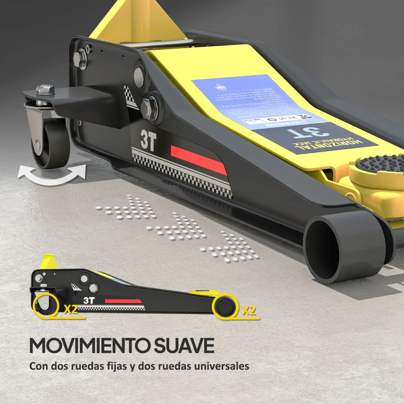 HOMCOM Gato Hidráulico para Coche 3T Altura de Elevación 75-505 mm con Bomba de Doble Pistón Ruedas Mango de Aluminio Amarillo