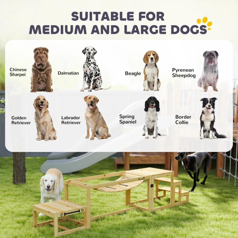 PawHut 3 Pieces Wooden Dog Agility Training Equipment with Soft Bridge, Pause Platform and Pet Stair for Outdoor, Natural Wood