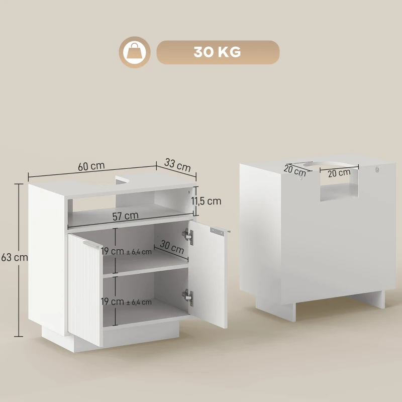 HOMCOM Móvel para Lavatório Pousar com 2 Portas Canaladas para Lavatório com ou sem Pedestal  60x33x63 cm Branco