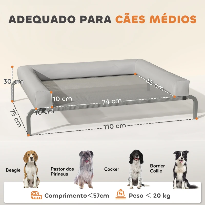 PawHut Cama Elevada para Cães com Latertais Amovíveis Cama Elevada para Cães Médios Portátil com Malha Respirável 130x90x30 cm Cinza Claro