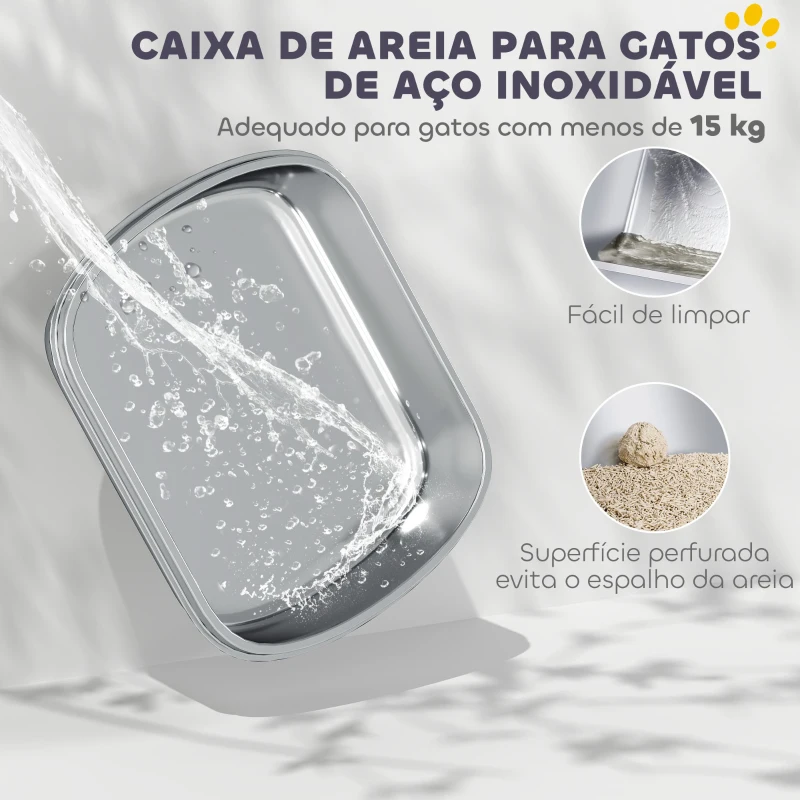 PawHut Caixa de Areia para Gatos Fechada com Bandeja em Aço Inoxidável Bordas Altas Pá e Degrau para Gatos Grandes 53x42x27 cm Cinzento