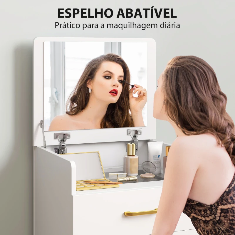 HOMCOM Toucador de Maquilhagem 3 em 1 com Banco Mesa de Maquilhagem com Espelho Gavetas e Bancada de Vidro Visível Toucador Moderno para Quarto 48x40x90 cm Branco