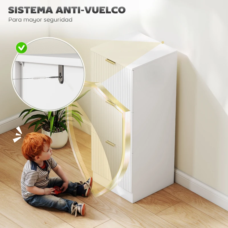 HOMCOM Cajonera de Escritorio con 3 Cajones Frentes Acanalados Mueble Archivador para Tamaño A4 o Carta 40x40x101 cm Blanco