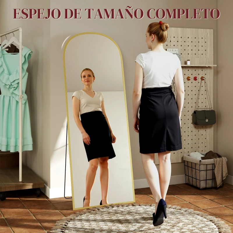 HOMCOM Espejo de Pie Cuerpo Entero de Aleación de Aluminio Espejo de Pared con 2 Formas de Uso Rectangular 60x1,5x165 cm Dorado