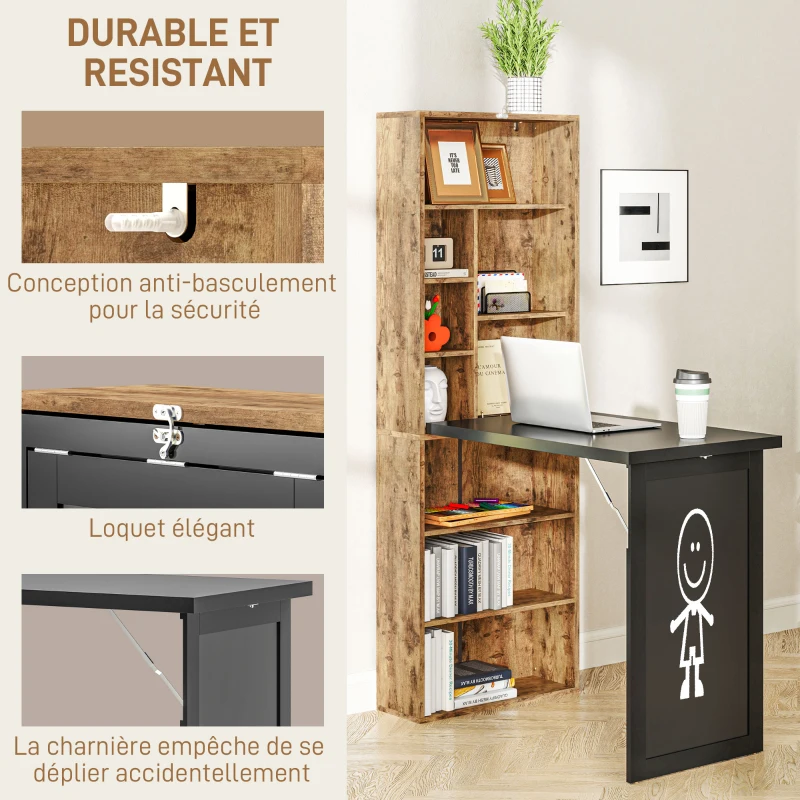 HOMCOM Bureau d'ordinateur pliable avec bibliothèque, poste de travail, tableau noir et étagère réglable, 98x51x153cm, marron