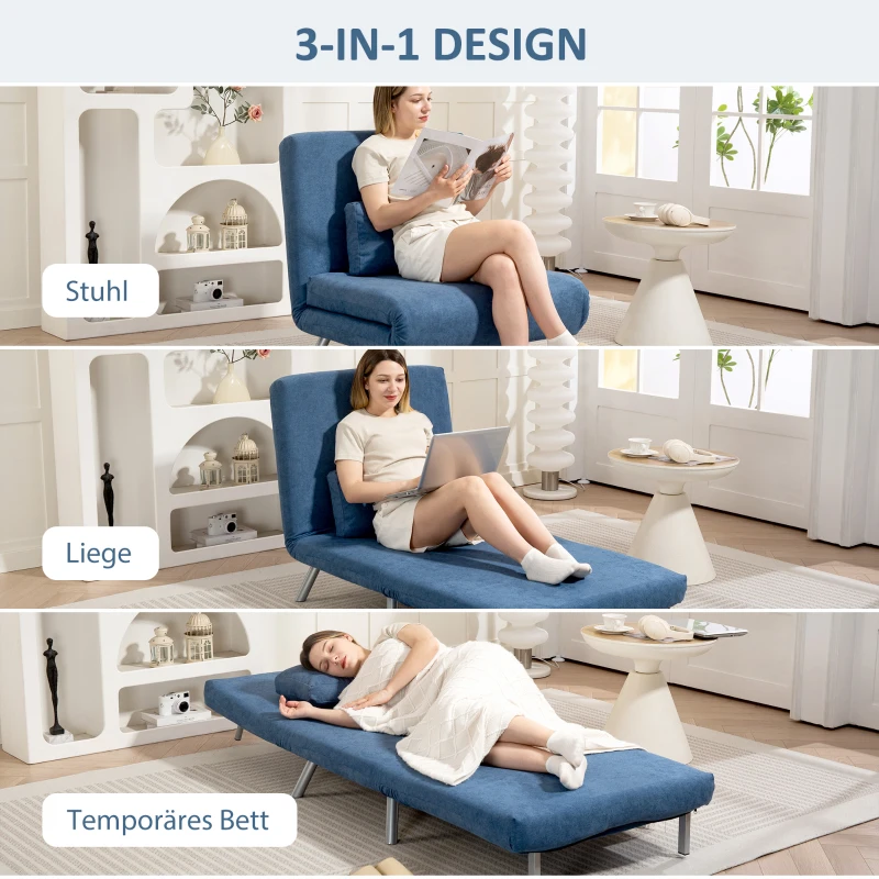 HOMCOM Polstersessel mit Bettfunktion, 3-in-1 Design, Schlafsessel, Gästebett, Stoffbezug, mit Kissen, Blau(m-4)