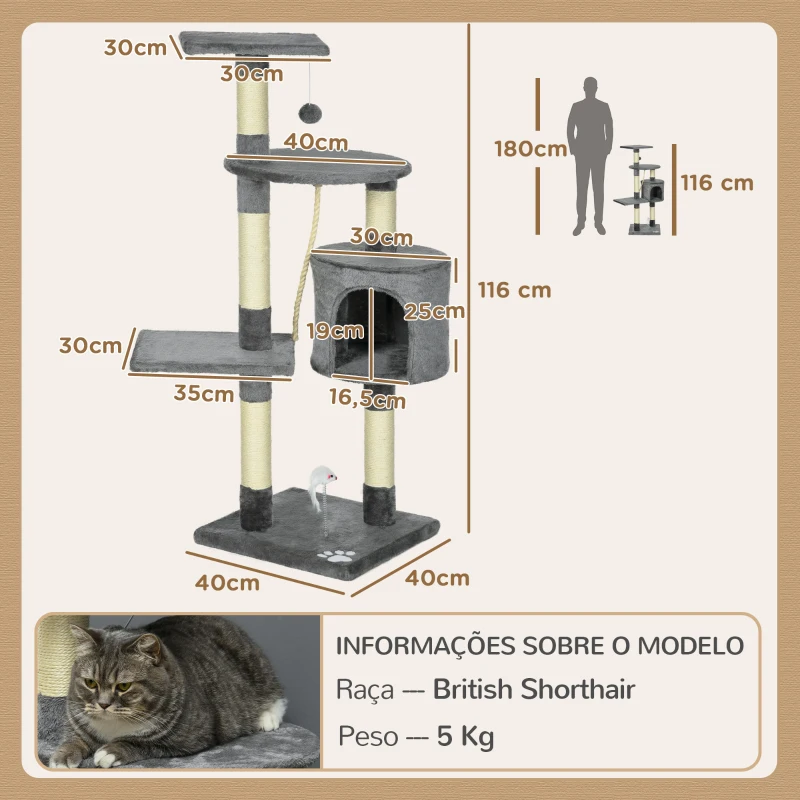 PawHut Arranhador para Gatos com 4 Níveis com Poste para Afiar as Garras Caverna Plataformas e Brinquedos 40x40x116 cm Cinzento Escuro