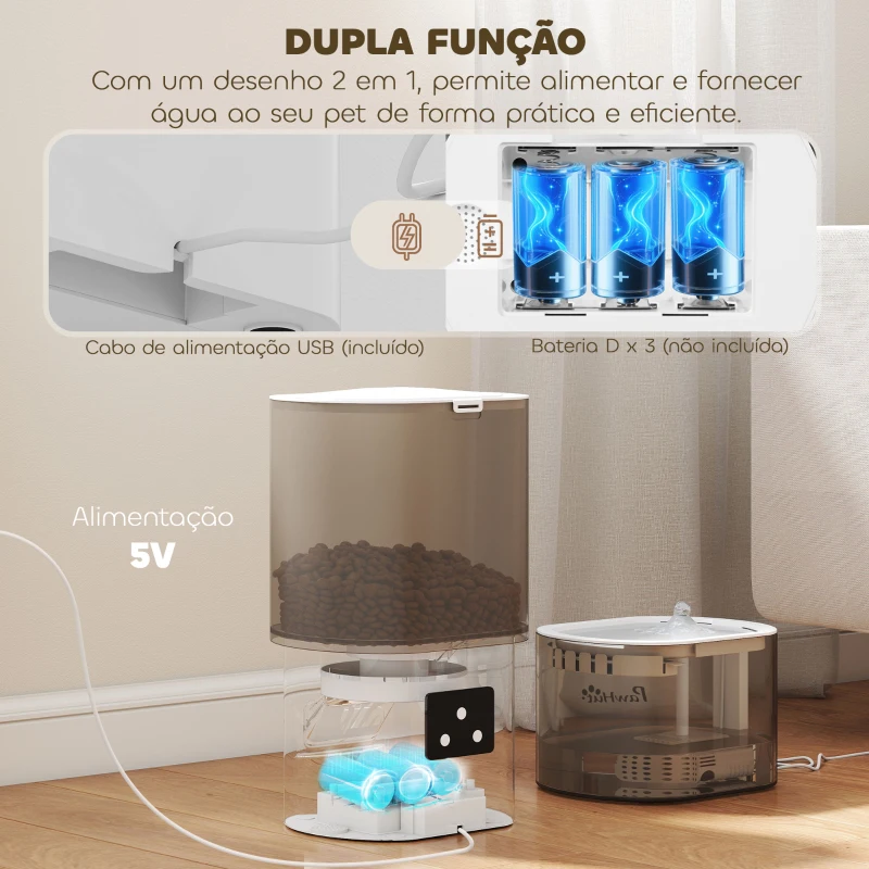 PawHut Conjunto de Comedero Automático e Bebedouro Silencioso para Cães e Gatos com Controlo por App (1-10 Refeições por Dia) Branco