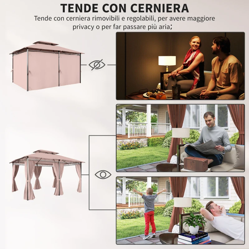Outsunny Gazebo da Giardino 4x3m con Doppio Tetto e Tende Laterali in Acciaio e Poliestere, Color Cachi