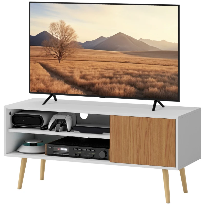 HOMCOM Móvel de TV com 2 Prateleiras de Armazenamento e Armário para Televisores até 55 Polegadas 110x40x50 cm Branco e Madeira