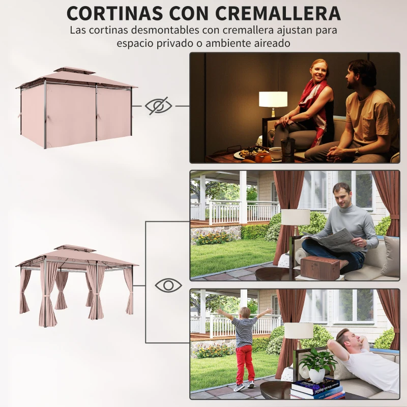 Outsunny Gazebo de Exterior 3x4 m con Paredes Laterales Doble Techo 6 Puertas con Cremallera y 8 Orificios de Drenaje Caqui