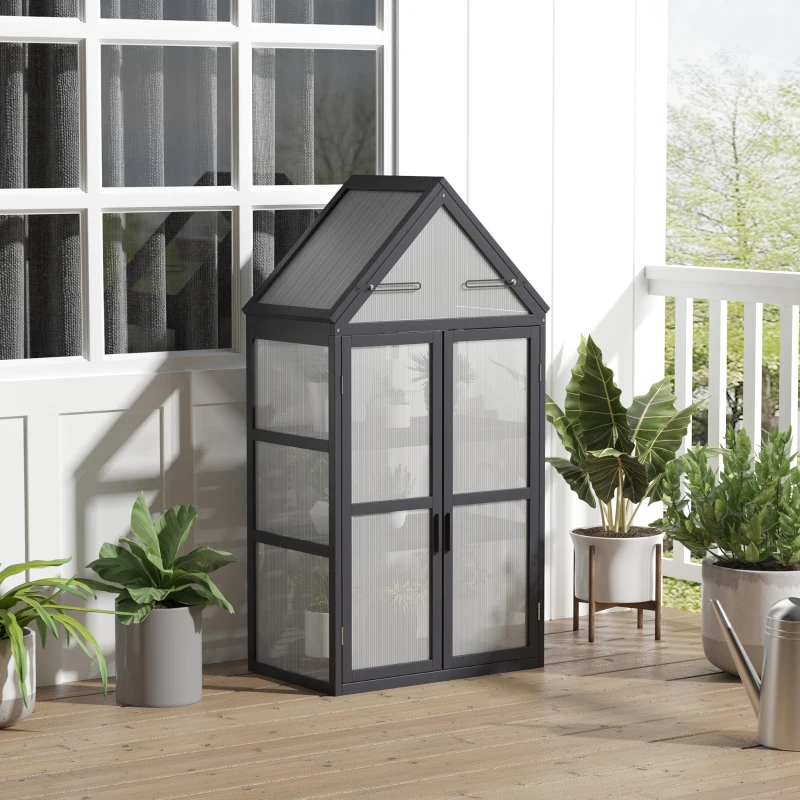 Outsunny kas met 3 planken, massief hout, behuizing van polycarbonaat, grijs, 70,5 x 42 x 132 cm(m-10)