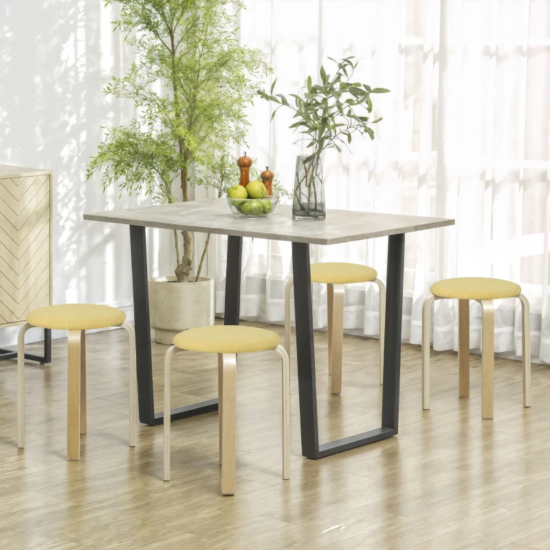 HOMCOM Conjunto de 4 Bancos Empilháveis Redondos Bancos Baixos de Cozinha com Assento Acolchoado Ø40x45 cm Amarelo e Madeira