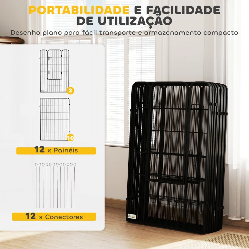 PawHut Parque para Cães com 12 Painéis Recinto para Animais de Estimação Modular com 2 Portas 80x120 cm Preto