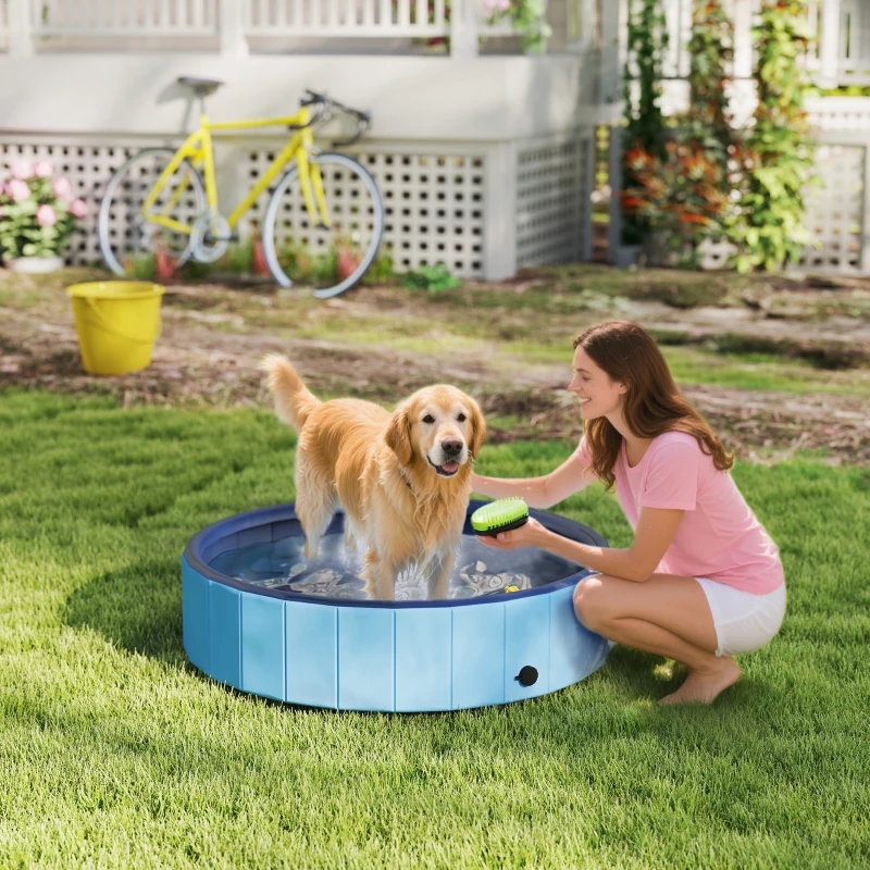 PawHut Piscina para Cães Dobrável com Aspersor Piscina Portátil em PVC Antiderrapante e Resistente ao Desgaste Ø120x30 cm Azul
