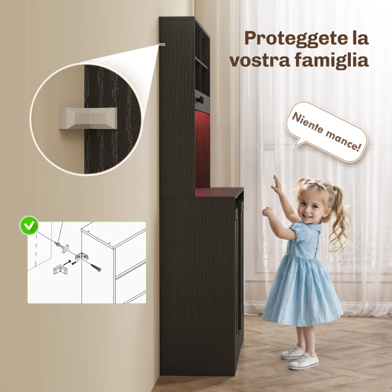 HOMCOM Credenza da Cucina Alta Stile Rustico con 2 Armadietti, Portabottiglie, Prese di Ricarica e Luci LED, Nero