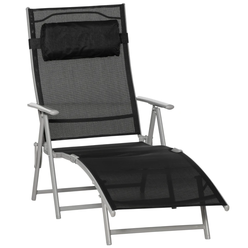 Outsunny Sonnenliege klappbar Strandliege mit Kopfkissen Sitzkissen Liegestuhl mit 7-Fach verstellbare Rückenlehne Gartenliege Relaxliege bis 165 kg belastbar, für Garten Urlaub Outdoor, Schwarz