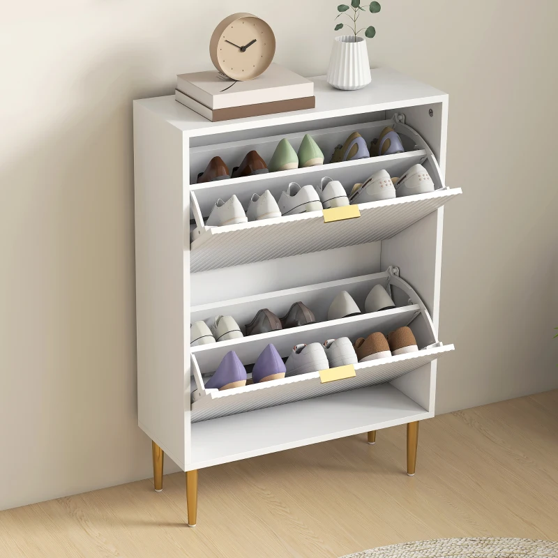 HOMCOM Schuhschrank Slim für 12 Paare Schuhe mit 2 Klappschubladen und Verstellbaren Regalen, 60x24x91.5 cm, Weiß