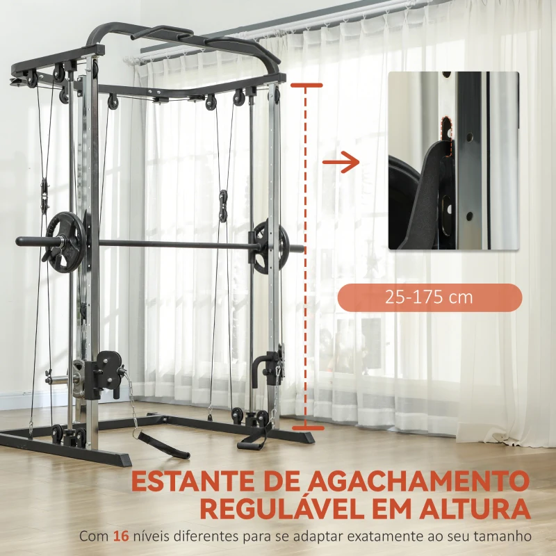 SPORTNOW Máquina Multi Estação de Musculação Máquina de Musculação com Suporte para Agachamentos e Barra para Pesos 210x132x225 cm Preto