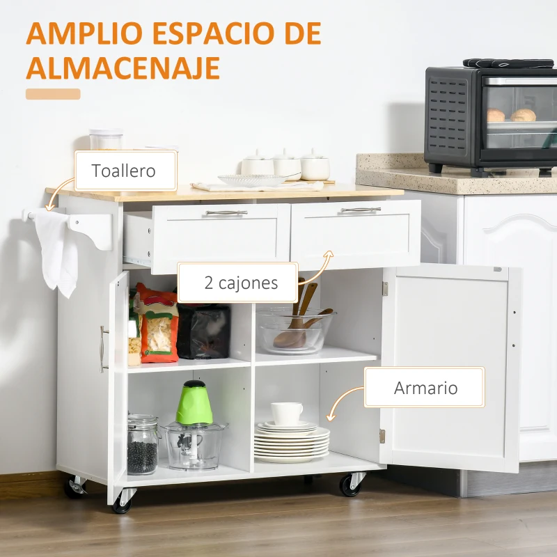 HOMCOM Mueble Auxiliar de Cocina con Ruedas 2 Cajones 2 Puertas Estante Ajustable y Toallero 104x46x91 cm Blanco