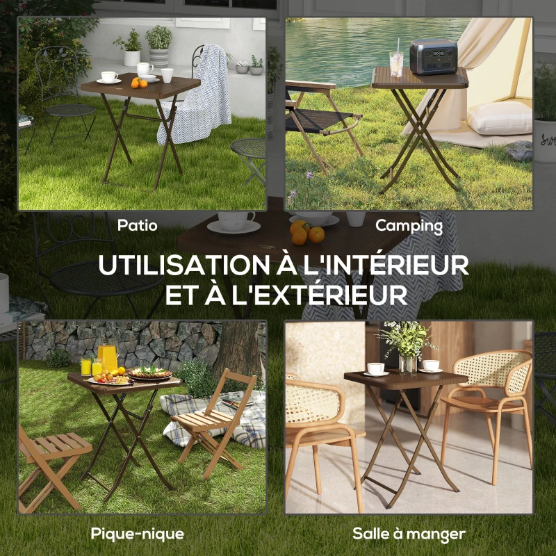Outsunny Table de jardin extérieur pliable style cosy chic dim. 60L x 60l x 71H cm métal époxy résine tressée HDPE marron