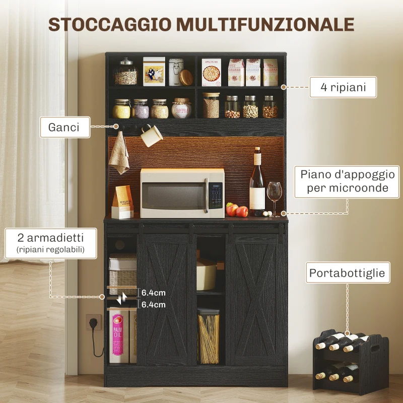 HOMCOM Credenza da Cucina Alta Stile Rustico con 2 Armadietti, Portabottiglie, Prese di Ricarica e Luci LED, Nero