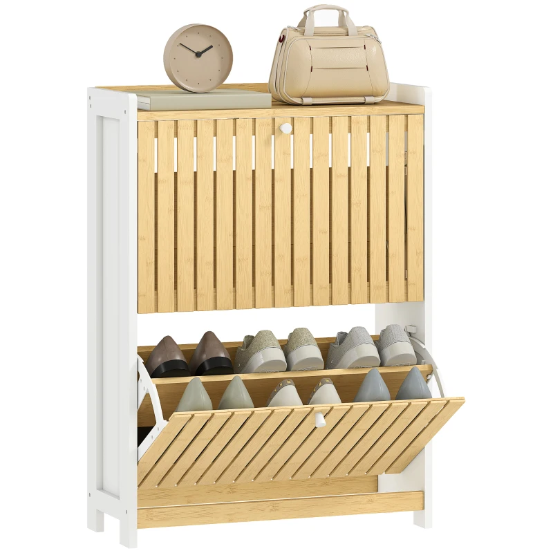 HOMCOM Sapateira Estreita com 2 Portas de Bambu Prateleiras Ajustáveis para 12 Pares de Sapatos  60x24x82,5 cm Branco e Madeira