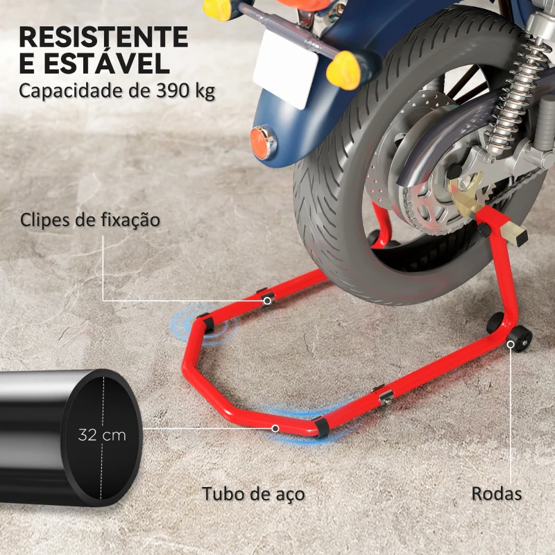 HOMCOM Suporte Roda Dianteira e Traseira para Mota Carga 390 kg Cavalete Moto Elevador Universal com Adaptadores de Garfos em U e L Ajustáveis e Rodas Vermelho