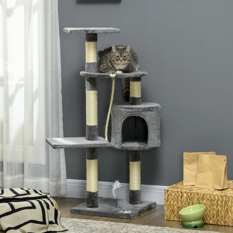 PawHut Arranhador para Gatos com 4 Níveis com Poste para Afiar as Garras Caverna Plataformas e Brinquedos 40x40x116 cm Cinzento Escuro